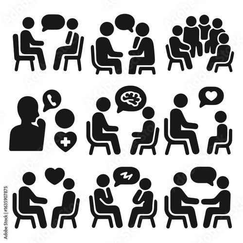 Therapy Icons Collection. Solid style icons of therapeutic and counseling dialogue: seated therapy session, active listening