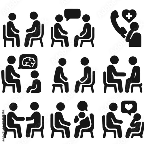 Therapy Icons Collection. Solid style icons of therapeutic and counseling dialogue: seated therapy session, active listening
