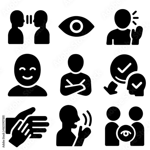 Nonverbal Communication Icons. Solid style icons of silence and nonverbal cues in interaction: eye contact in pause, body language