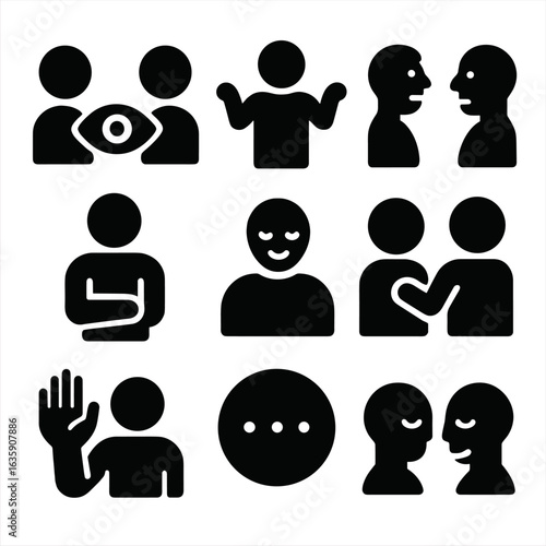 Nonverbal Communication Icons. Solid style icons of silence and nonverbal cues in interaction: eye contact in pause, body language