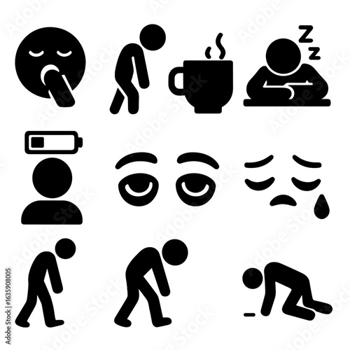 Fatigue Icon Montage. Solid style icons of fatigue and low energy: yawning face icon, slouched posture figure, coffee cup with