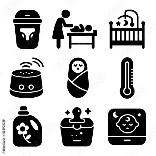 Newborn Care Essentials Icons. Solid style icons of newborn care at home: diaper pail, changing table icon, baby crib with mobile,