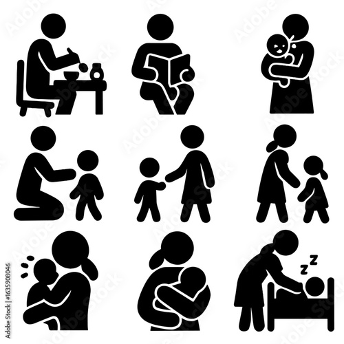 Parenting Icon Set. Solid style icons of daily parenting tasks: preparing baby food, reading to toddler, soothing crying baby,