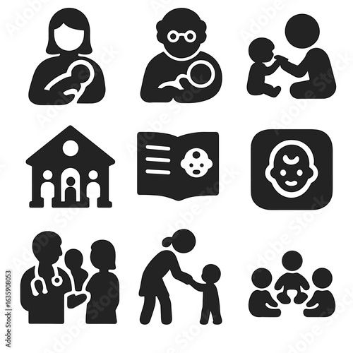 Childcare Role Icons. Solid style icons of childcare and support roles: babysitter icon, grandparent holding baby, older sibling