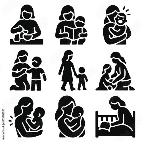 Parenting Icon Set. Solid style icons of daily parenting tasks: preparing baby food, reading to toddler, soothing crying baby,