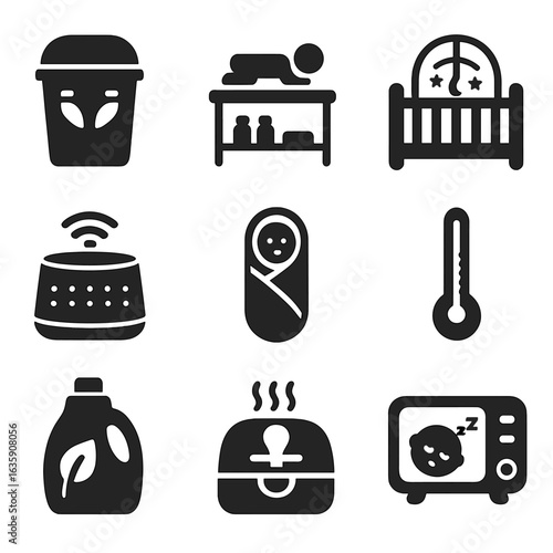 Newborn Care Essentials Icons. Solid style icons of newborn care at home: diaper pail, changing table icon, baby crib with mobile,