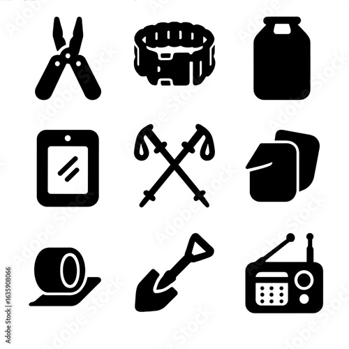 Minimalist Explorer Icons. Solid style icons of minimalist explorer kit: multitool silhouette, paracord bracelet, dry bag icon,