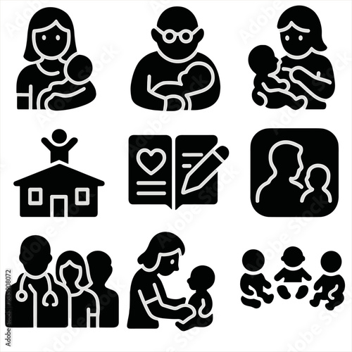 Childcare Role Icons. Solid style icons of childcare and support roles: babysitter icon, grandparent holding baby, older sibling