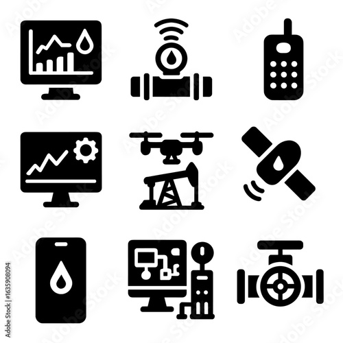 Tech Icons Collection. Solid style icons of digital and control technologies: oil data dashboard, IoT sensor on pipeline, remote