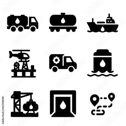 Oil Transport Icons. Solid style icons of oil transport vehicles: fuel tanker truck, oil rail tank car, crude oil shipping vessel,