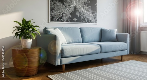 Bright living room with blue couch, wood table, plant, and framed art