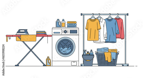Modern Laundry Room Setup with Washing Machine Ironing Board Clothes Rack and Cleaning Supplies