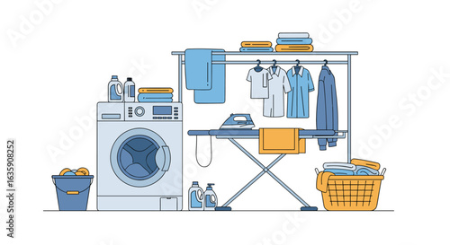 Modern Laundry Room Setup With Washing Machine Ironing Board Clothes Rack Detergent and Baskets Full of Clothes For Household Chores
