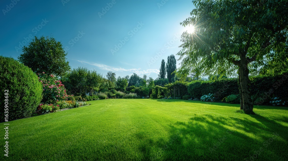 Naklejka premium Sunny Garden Lawn With Lush Green Grass And Trees