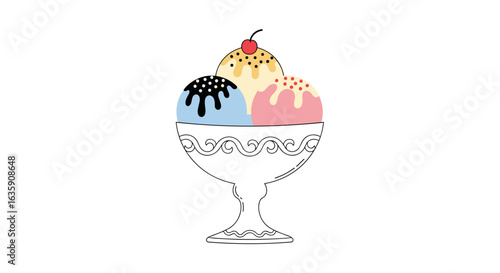 Delightful Three Scoop Ice Cream Sundae in a Vintage Glass Dish with Cherry Topping