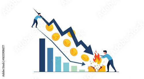 Illustrating Financial Decline and Economic Recession with Downward Trends and Burning Money