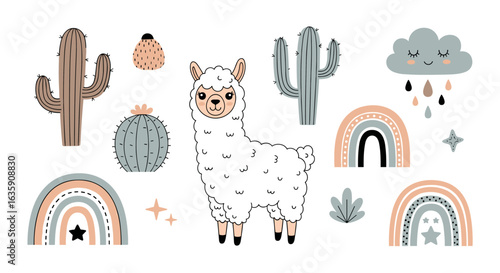 Cute Llama and Desert Elements for Nursery Decor and Boho Style Designs