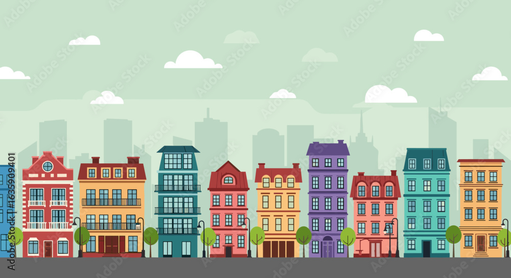 Fototapeta premium Colorful Row of Diverse Apartment Buildings and Cityscape Background