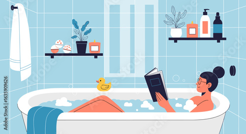 Relaxing person enjoying a warm bubble bath while reading a book and a rubber ducky floats nearby