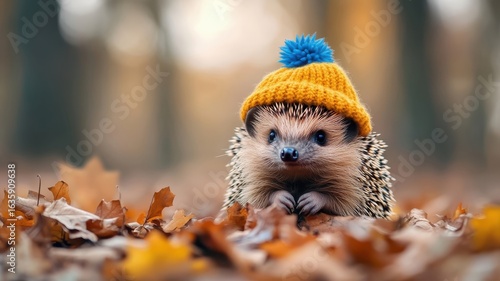 A hedgehog with a vibrant hat sitting on autumn leaves in a cozy forest.