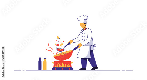 Chef stirs wok of food with fire and two bottles on floor, stylized design