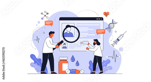 Analyzing Medical Data Researchers Examining Patient Information on a Digital Screen with Magnifying Glass Discovering Health Insights and Scientific Discoveries