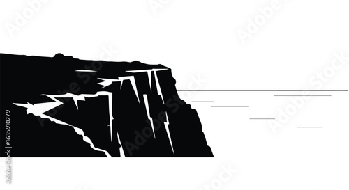 Black silhouette of cliff near ocean water with horizon on a white background