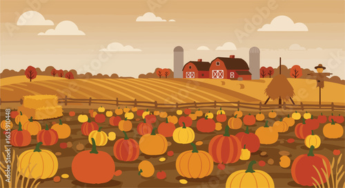 Countryside scenery featuring a pumpkin patch, farm buildings, scarecrow, hay bale