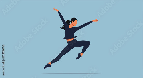 Vector woman in athletic wear leaps, body is black, fair skin on sky blue background