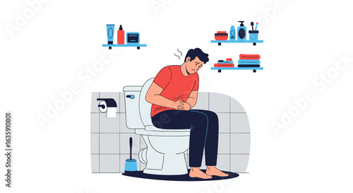 Man Sitting on Toilet Experiencing Abdominal Pain and Discomfort Indicating Digestive Issues