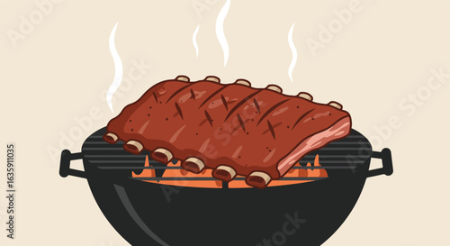 Steaming ribs cook on grill. Meat over flames, charcoal BBQ party outdoors