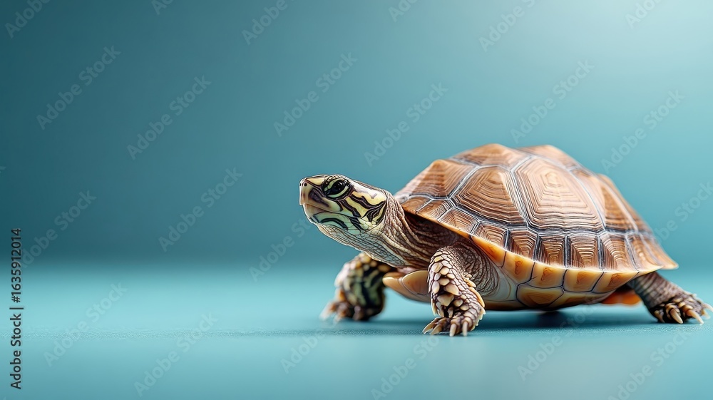 Obraz premium Professionally lit studio featuring a turtle, with soft lighting accentuating its detailed shell patterns and serene expression against a clean backdrop.