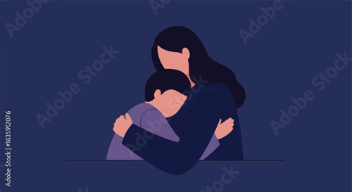 Woman hugging a child, dark background, showing care and protection in simple art