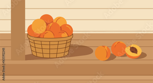 Cartoon of basket filled with peaches, on top of light brown wooden surface