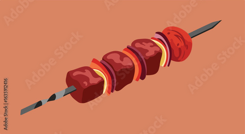Delicious skewer with grilled meat, tomato, & onion slices on metal stick