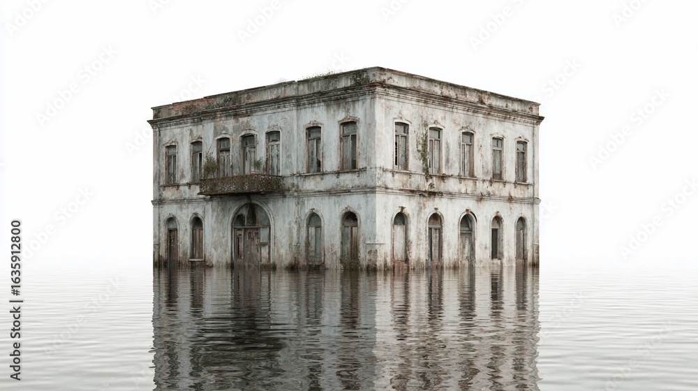 Naklejka premium An old, waterlogged building in a flood, isolated on white