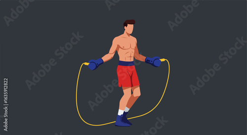 Boxer skipping rope, wearing gloves, red shorts, and blue boots on dark grey background