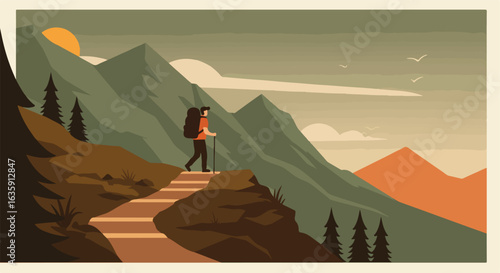 Hiker on trail with mountains, pines, birds, and sunrise in serene, toned colors