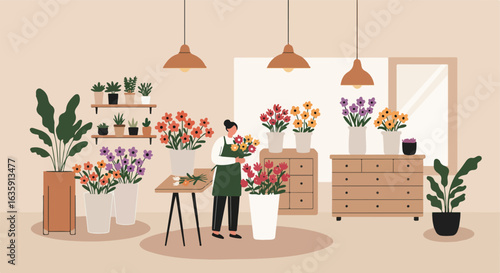 Floral designer arranges blossoms in a serene flower shop full of plants, flowers