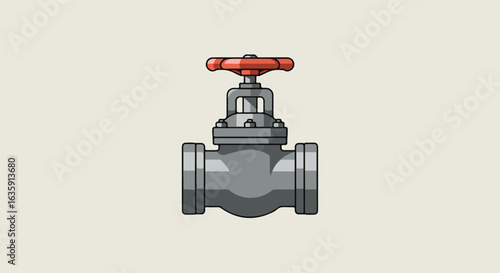 Control valve, detailed, grey with red handwheel on light grey background