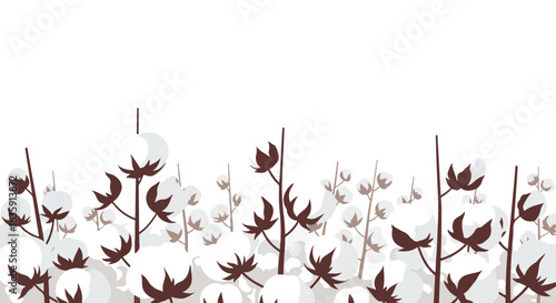 Minimalistic cotton plant vector design. Delicate branches and soft, fluffy blossoms