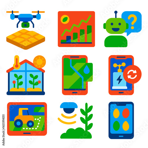 Smart Agriculture Icons. Flat vector icons of smart agriculture and drone farming: drone field scan with 3D map icon, predictive