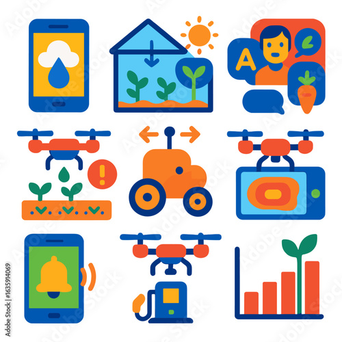 Smart Farming Icons. Flat vector icons of smart agriculture and drone farming: cloud app with moisture report, automatic shade