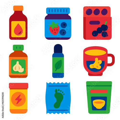 Health Supplement Icons. Flat vector icons of health supplements and natural remedies: iron-rich syrup bottle, berry antioxidant