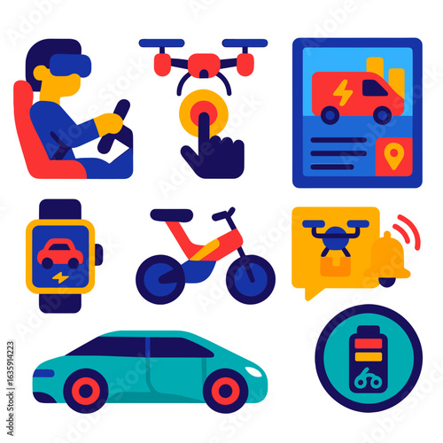 Future Mobility Icons. Flat vector icons of future mobility: VR-assisted autonomous drive, on-demand drone air-taxi button, city e