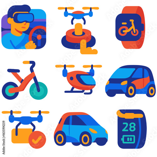 Future Mobility Icons. Flat vector icons of future mobility: VR-assisted autonomous drive, on-demand drone air-taxi button, city e