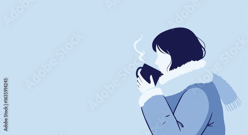 Woman warms up with steaming beverage on cold day with cozy outerwear