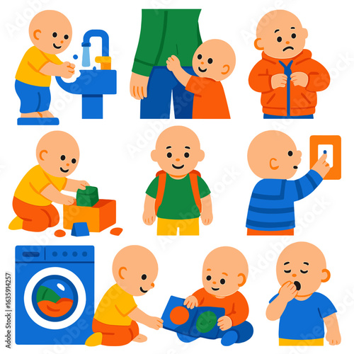 Baby Milestones Icons. Flat vector icons of parenting and baby milestones: baby learning to wash hands, baby pulling on parent’s