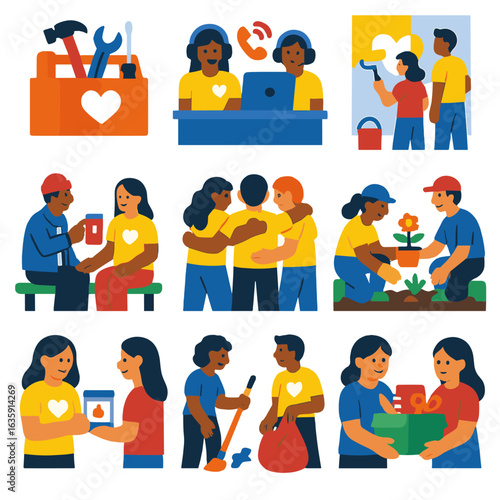 Volunteer Icons Set. Flat vector icons of volunteerism and social good: volunteer toolbox, emergency hotline volunteers, painting