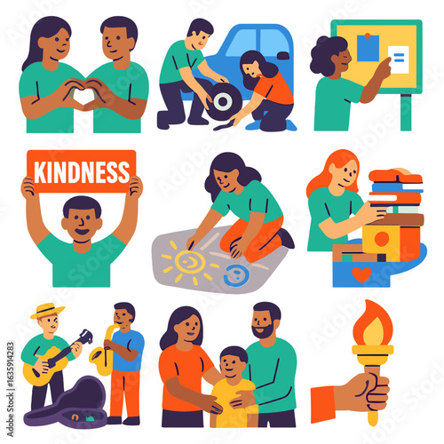 Volunteerism Icons Set. Flat vector icons of volunteerism and social good: volunteers forming heart shape with hands, helping fix